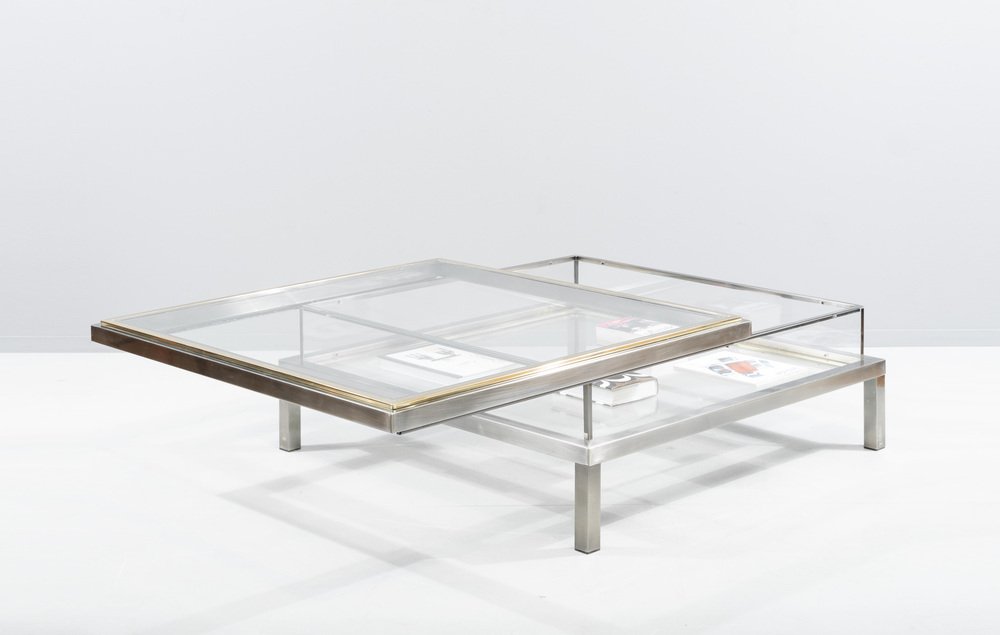 Square Hollywood Regency Coffee Table in Brass & Steel with Sliding Glass Top from Maison Jansen