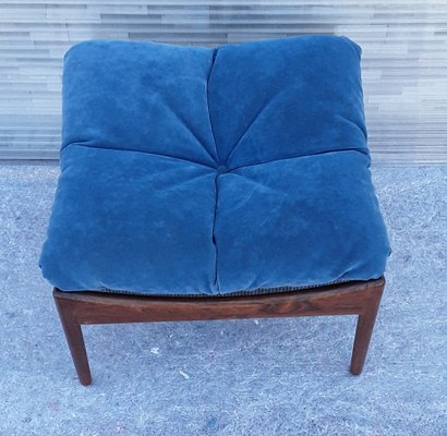 Square Scandinavian Stool with a Rosewood Frame and Blue Fabric Cover, 1960s-HOI-1235735