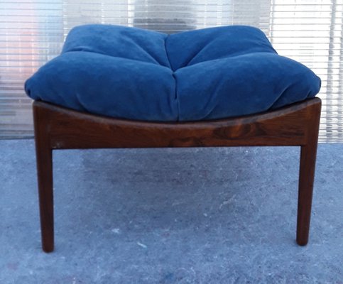 Square Scandinavian Stool with a Rosewood Frame and Blue Fabric Cover, 1960s-HOI-1235735