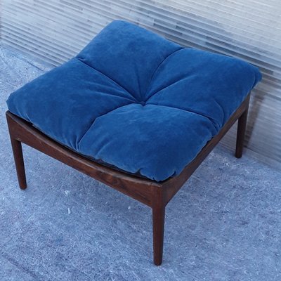 Square Scandinavian Stool with a Rosewood Frame and Blue Fabric Cover, 1960s-HOI-1235735