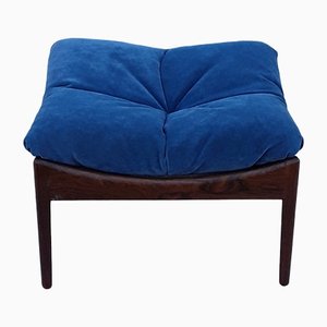 Square Scandinavian Stool with a Rosewood Frame and Blue Fabric Cover, 1960s-HOI-1235735