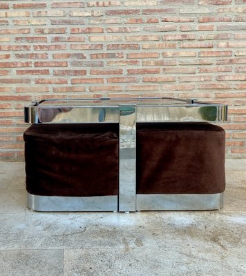 Square Smoked Glass & Steel Coffee or Side Table with 4 Nesting Stools, 1970s, Set of 5-NOU-866312