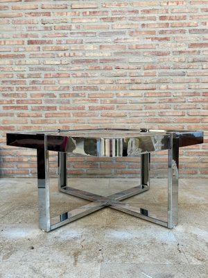 Square Smoked Glass & Steel Coffee or Side Table with 4 Nesting Stools, 1970s, Set of 5-NOU-866312