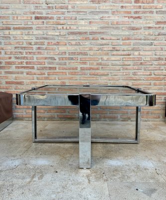 Square Smoked Glass & Steel Coffee or Side Table with 4 Nesting Stools, 1970s, Set of 5-NOU-866312