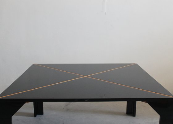 Square Table in Black Lacquered Wood and Spruce Inserts by Vico Magistretti for B&B Italia, 1970s-IVC-2032081