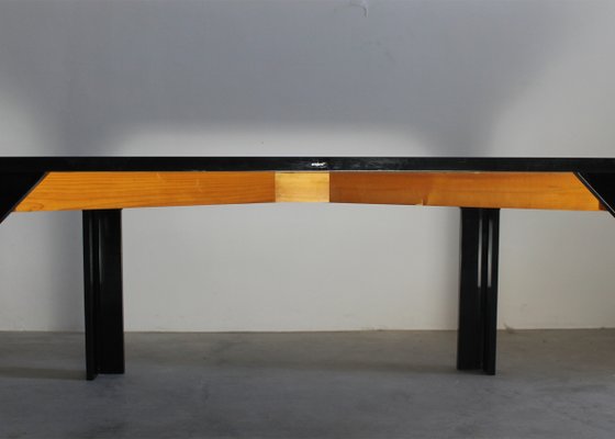 Square Table in Black Lacquered Wood and Spruce Inserts by Vico Magistretti for B&B Italia, 1970s-IVC-2032081