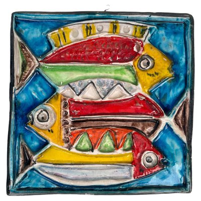 Squared Colored Ceramic Fish Tile Plate by Giovanni De Simone, Italy, 1960s-LYQ-1335168