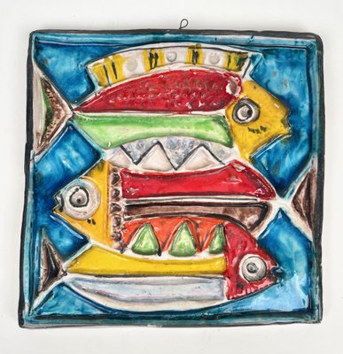 Squared Colored Ceramic Fish Tile Plate by Giovanni De Simone, Italy, 1960s-LYQ-1335168