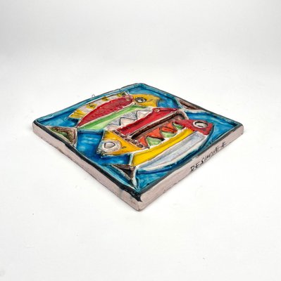 Squared Colored Ceramic Fish Tile Plate by Giovanni De Simone, Italy, 1960s-LYQ-1335168