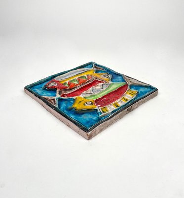 Squared Colored Ceramic Fish Tile Plate by Giovanni De Simone, Italy, 1960s-LYQ-1335168