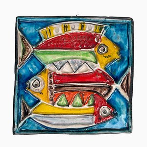 Squared Colored Ceramic Fish Tile Plate by Giovanni De Simone, Italy, 1960s-LYQ-1335168