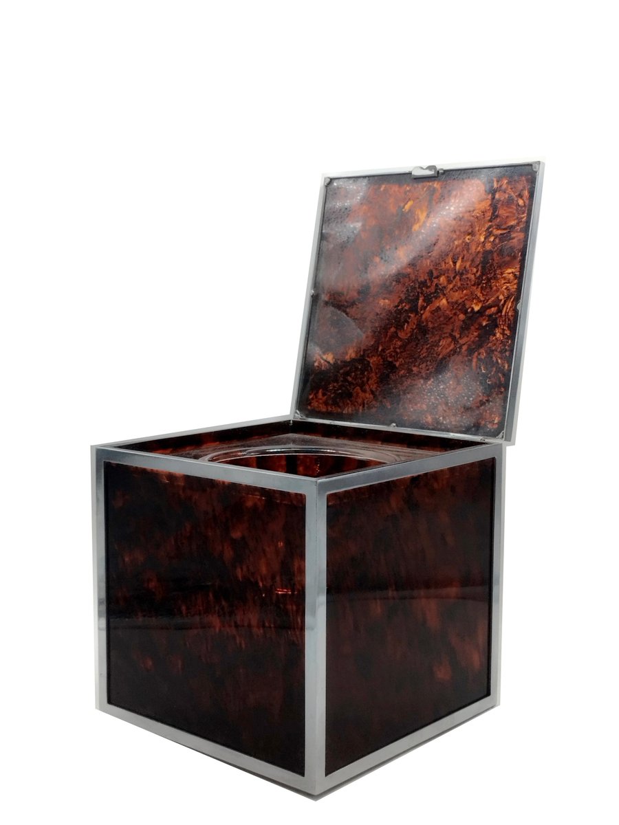 Squared Ice Bucket in Tortoise Shell Effect Acrylic and Chrome by Christian Dior, Italy, 1970s