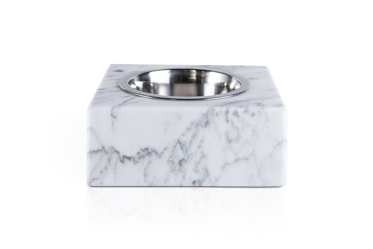 Squared White Marble Cats and Dogs Bowl With Removable Steel from Fiammettav Home Collection