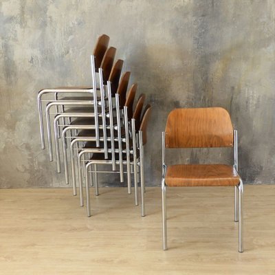 Stackable Plywood Chairs with Chrome Frame, 1950s, Set of 4-WK-841458