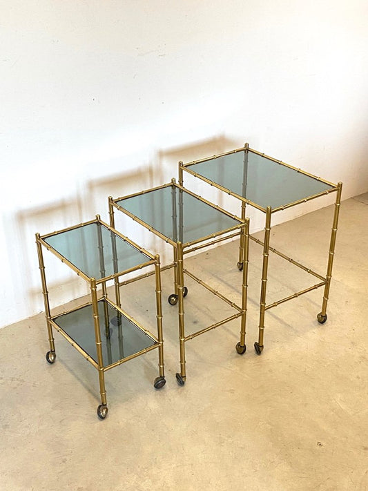 Stackable Trolleys in Brass & Faux Bamboo 1970s, Set of 3