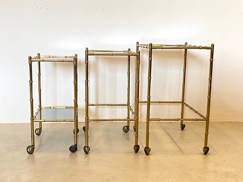 Stackable Trolleys in Brass & Faux Bamboo 1970s, Set of 3