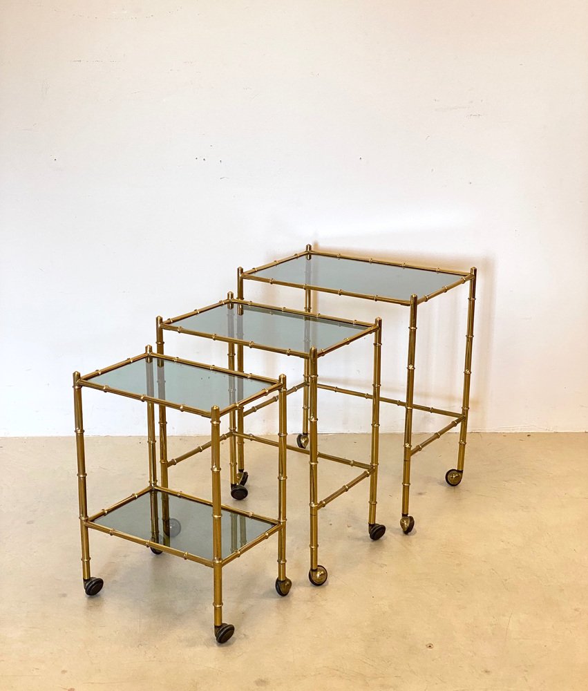 Stackable Trolleys in Brass & Faux Bamboo 1970s, Set of 3