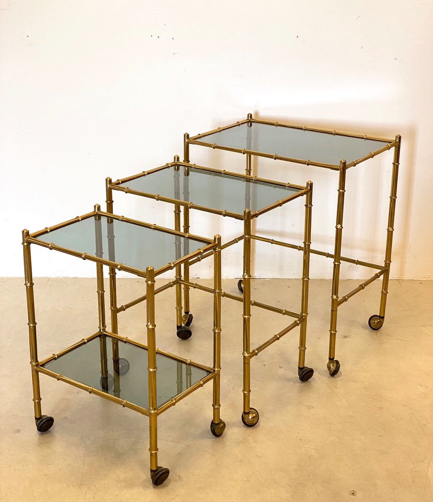 Stackable Trolleys in Brass & Faux Bamboo 1970s, Set of 3