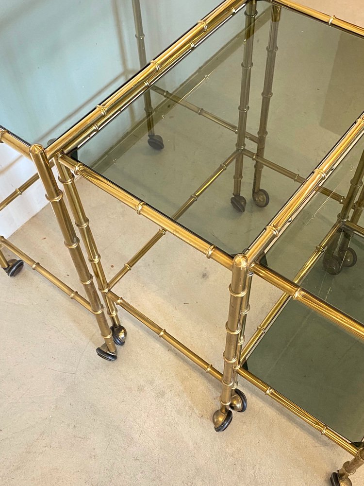 Stackable Trolleys in Brass & Faux Bamboo 1970s, Set of 3