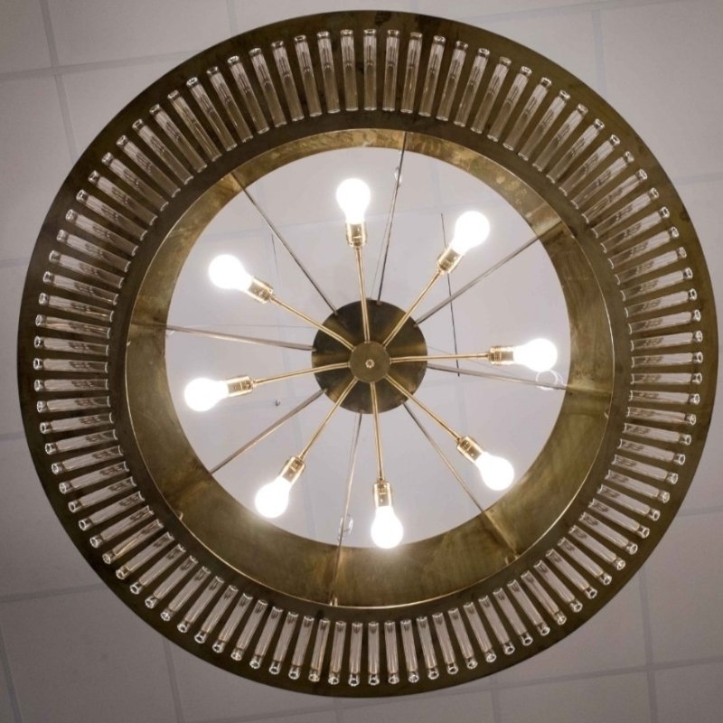 Stadium Style Ceiling Lamp in Gilt Metal & Tubular Crystals