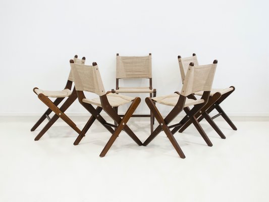 Stained Beech Folding Chairs with Canvas Seat & Backrest from Sorø Stolefabrik, 1960s, Set of 6-ZYF-1370887