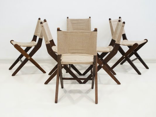 Stained Beech Folding Chairs with Canvas Seat & Backrest from Sorø Stolefabrik, 1960s, Set of 6-ZYF-1370887