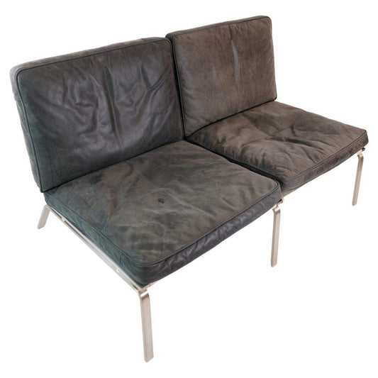 Stainless Steel & Black Leather 2-Seater Sofa by Mann for Norr11, 2000s