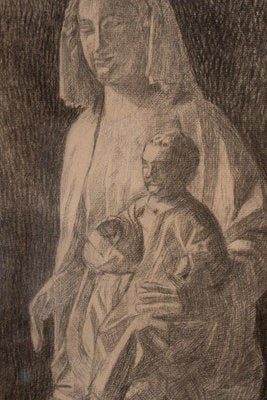 Statue of Virgin and Child, Early 20th Century, Charcoal Drawing, Framed-QKG-1765008