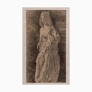 Statue of Virgin and Child, Early 20th Century, Charcoal Drawing, Framed-QKG-1765008