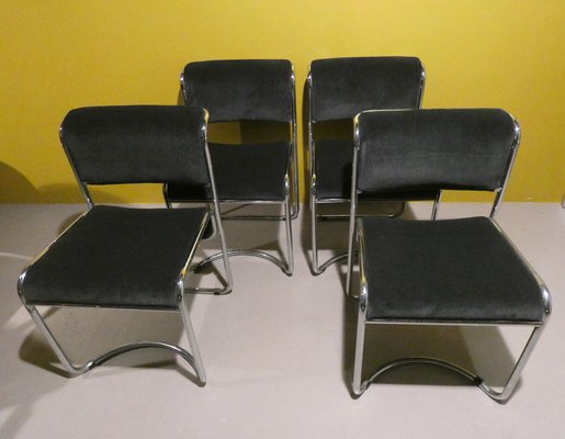 Steel and Gray Velvet Dining Chairs, Italy, 1970s, Set of 4-ERB-1750213