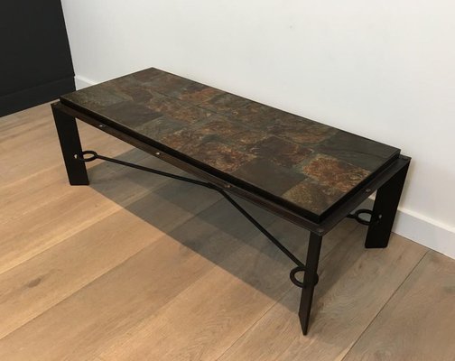 Steel and Iron Coffee Table with Lava Stone Top, 1940s-BA-658572