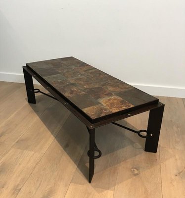 Steel and Iron Coffee Table with Lava Stone Top, 1940s-BA-658572