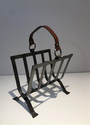 Steel and Leather Magazine Rack, 1950s-BA-1589325