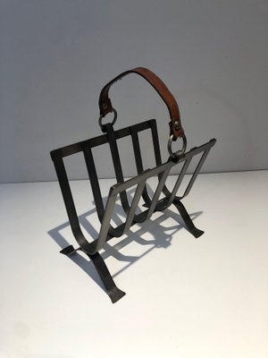 Steel and Leather Magazine Rack, 1950s-BA-1589325