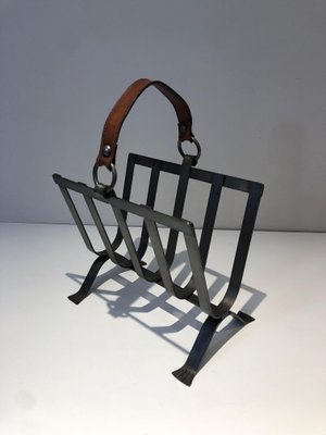 Steel and Leather Magazine Rack, 1950s-BA-1589325