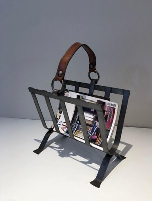 Steel and Leather Magazine Rack, 1950s-BA-1589325