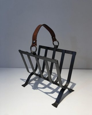 Steel and Leather Magazine Rack, 1950s-BA-1589325