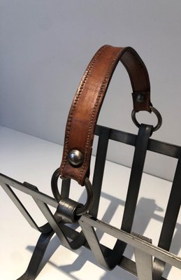 Steel and Leather Magazine Rack, 1950s-BA-1589325