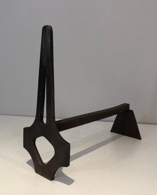 Steel and Wrought Iron Andirons, France, 1970s, Set of 2-BA-873981