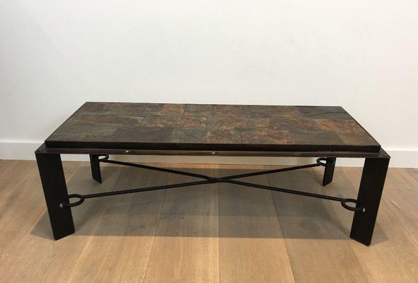 Steel and Wrought Iron Coffee Table with Lava Stone Tray-BA-1365607