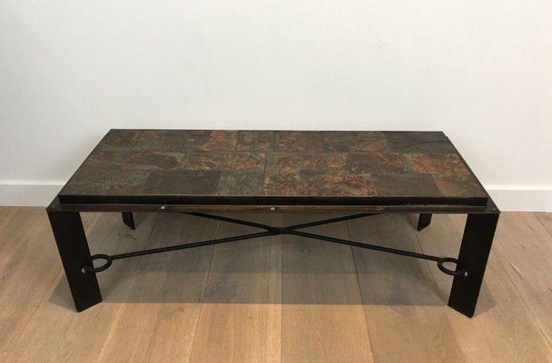 Steel and Wrought Iron Coffee Table with Lava Stone Tray-BA-1365607