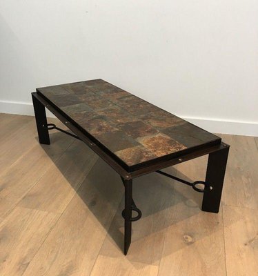 Steel and Wrought Iron Coffee Table with Lava Stone Tray-BA-1365607