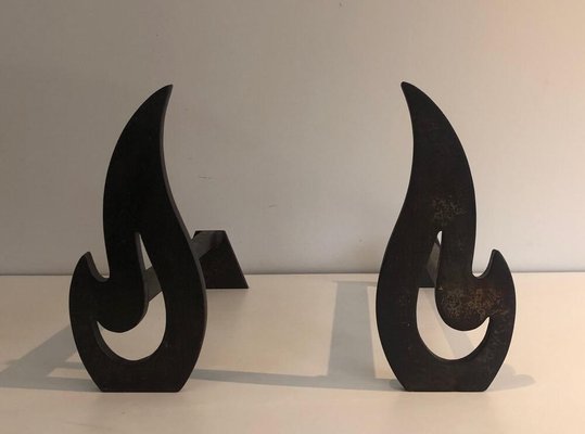 Steel and Wrought Iron Flame Andirons, France, 1970s, Set of 2-BA-873980