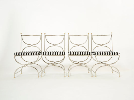 Steel Brass & Velvet Curule Chairs by Maison Jansen, 1960s, Set of 12