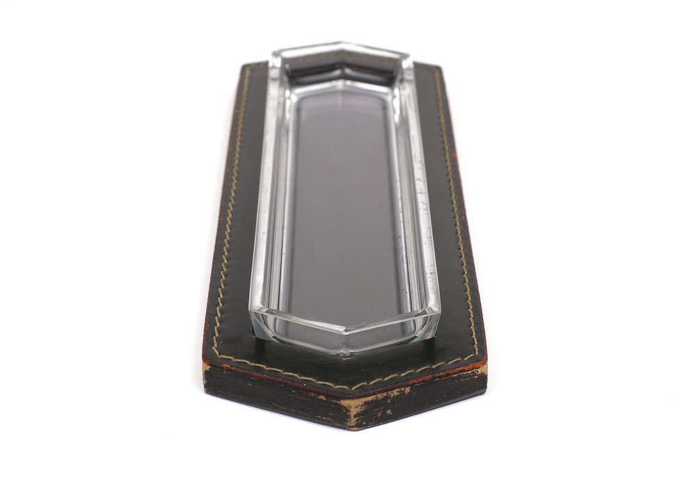 Stich Leather Pencil Holder with Crystal Tray, France, 1950s