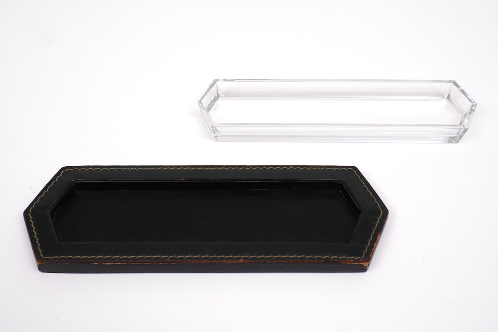 Stich Leather Pencil Holder with Crystal Tray, France, 1950s