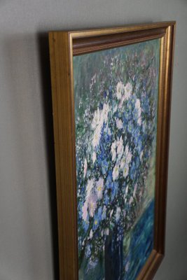 Still Life of a Vase with Blue and White Flowers, Oil Painting, Framed-HPP-1738353