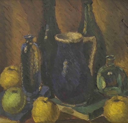 Still Life with Bottles and Books, Oil Painting, Mid-20th Century-ZCI-2029836