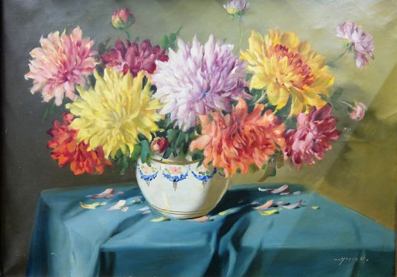 Still Life with Chrysanthemum Flowers in Florentin Frame, Vilmos Murin, 1930s-UWE-887916