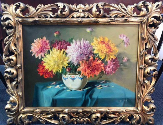 Still Life with Chrysanthemum Flowers in Florentin Frame, Vilmos Murin, 1930s-UWE-887916